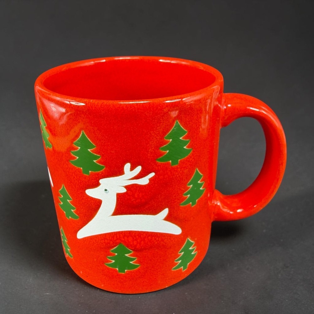 Waechtersbach Germany Christmas Mug Cup Red Reindeer Green Trees Ceramic 4in